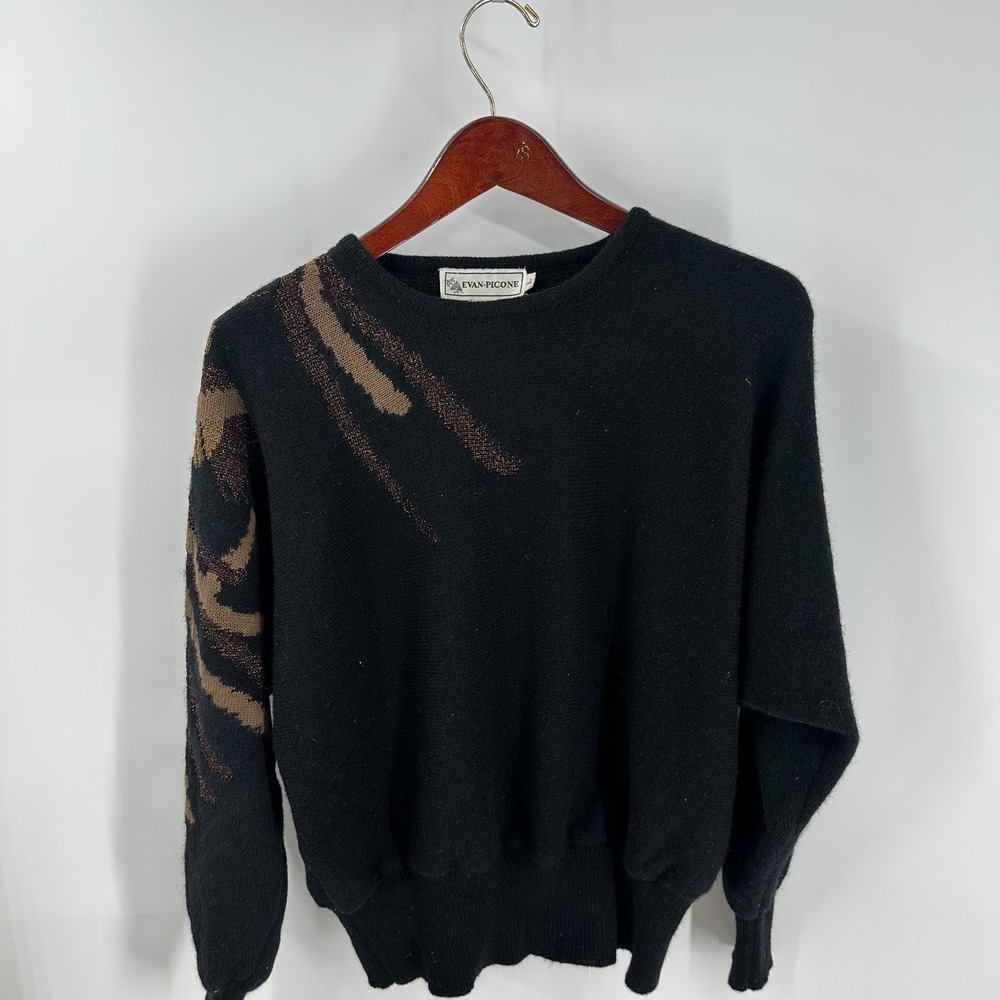 Vtg 90's Evan Picone Gold Metallic Design Pullover Jumper Sweater Black Size L